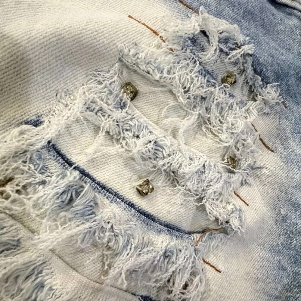 VTG Y2K Hyconts Brazilian Distressed Rhinestone Denim Button Fly Shorts Size 26